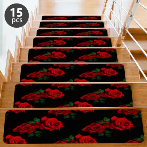 Alfombra antideslizante para escaleras de 7.8x30 pulgadas flores rojas suave 3