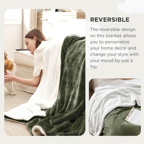 Image of Bedsure GentleSoft Sherpa Fleece Cal King Blankets for Bed, Non-Heated, Thick and Warm Oversized Throw for Women and Men, Soft Fuzzy Plush Large Blanket for Winter, Olive Green, 112x98 Inches