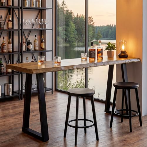 TRIBEWOOD Solid Wood Bar Table, 63” Natural Live Edge Counter Height Table with Metal Legs, Rustic...