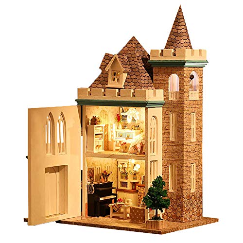 SPILAY Dollhouse DIY Miniature Wooden Furniture Kit,Mini Handmade Craft Castle Model Plus with Dust Cover & Music Box,1:24 Scale Creative Doll House Toys for Teens Adult (Moonlight Castle)