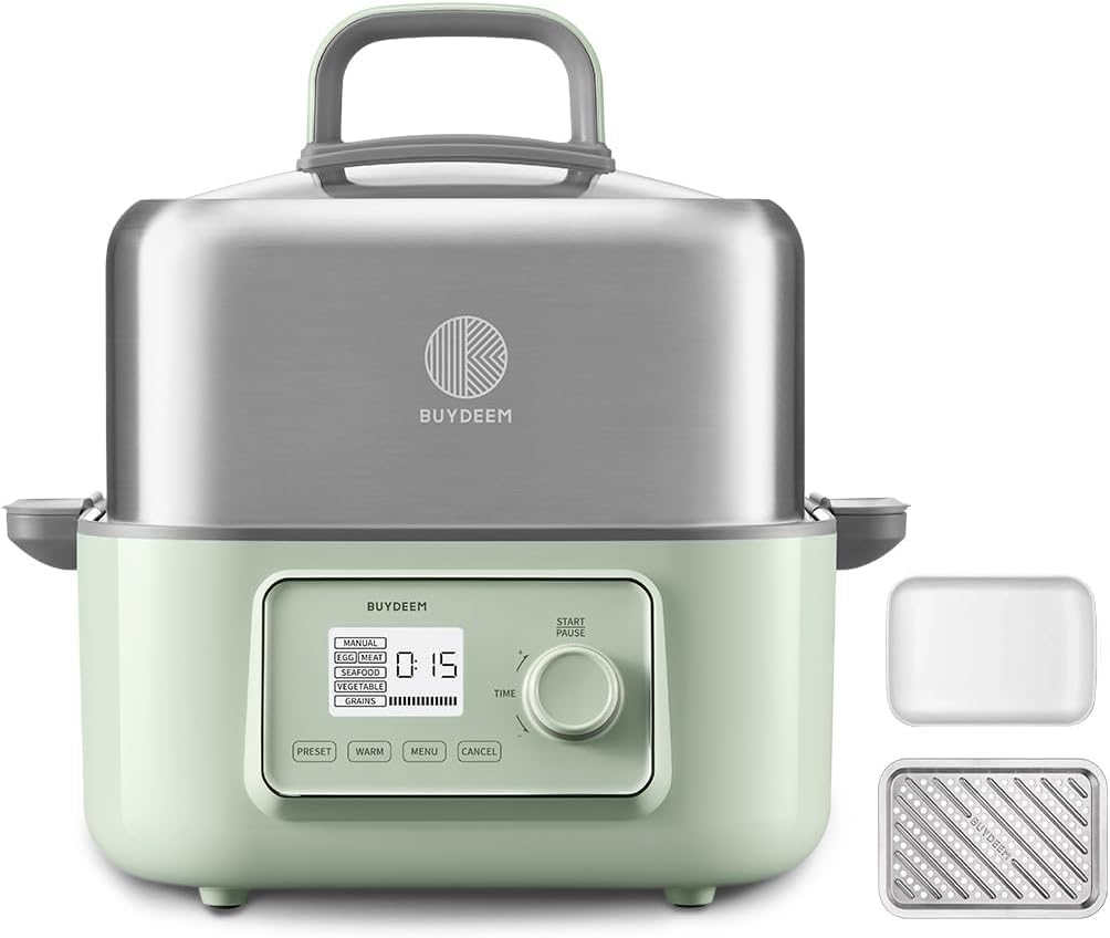 BUYDEEM G67US Electric Food Steamer for Cooking, 1 Tire Stainless Steel Steamer with Manual Mode, 1500W, 7 Quart, Green