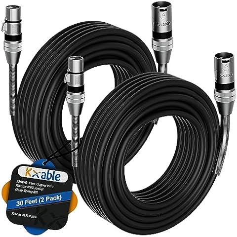 XLR to XLR Cable (30 Feet, 2 Pack) Multiple Premium XLR Microphone Cables, Heavy Duty 22AWG OFC XLR Male to Female Cord, 3-Pin Shielded Mic Speaker Cable, Zinc Alloy Connectors, Metal Spring SR, Black Cover