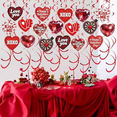 Image of 48 Pcs Red Heart Hanging Decor Set with Diamond, Disco Ball, Dartboard & XOXO Designs - Romantic Swirl Streamers for Valentine's Party, Anniversary, Holiday Celebration