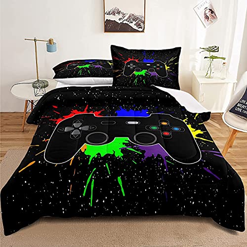Gaming Bedding Set Twin Size Gamer Comforter Set For Boys Girls Kids Teens Soft Microfiber Colorful Modern Buttons Video Game Bedding Decorative Controller Pattern Design With Pillow Sham… #TOP1