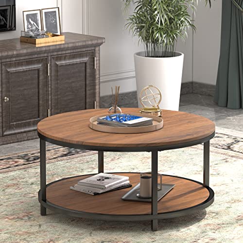 Wiberwi Round Coffee Table 35.8" Rustic Vintage Industrial Design Furniture Sturdy Metal Frame Legs Sofa Table Cocktail Table With Storage Open Shelf For Living Room, Easy Assembly, Reddish Brown #TOP5