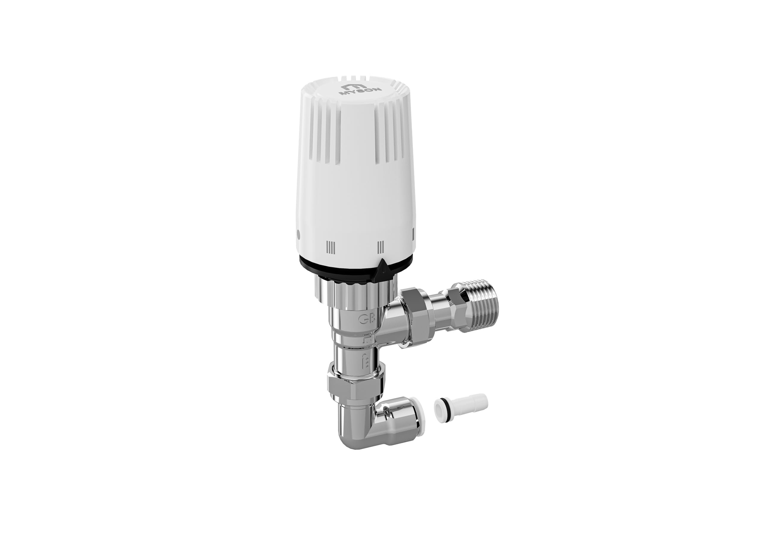 MYSON Petite TRV Radiator Valve 10mm Angled Chrome Pushfit 90 Degree Elbow