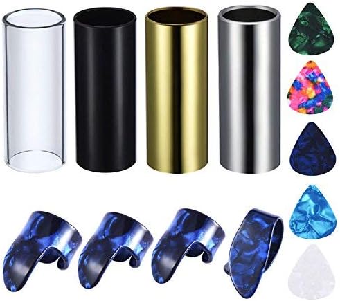 Canomo 4 Pieces Medium Guitar Slides(Include 3 Colors Stainless Steel, 1 Pieces Glass), 5 Pieces Guitar Picks and 4 Pieces Plastic Thumb & Finger Picks in Metal Box