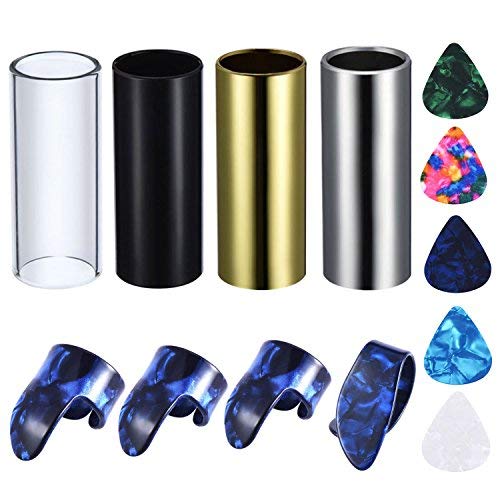 Canomo 4 Pieces Medium Guitar Slides(Include 3 Colors Stainless Steel, 1 Pieces Glass), 5 Pieces Guitar Picks and 4 Pieces Plastic Thumb & Finger Picks in Metal Box