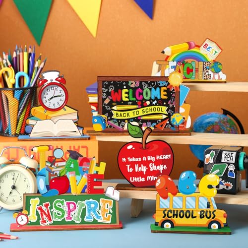 Image of Yuntau 6 Pcs Back to School Wooden Table Decorations Teacher Appreciation Desk Signs, Inspirational Classroom Tiered Tray Decor with School Bus Teach Love Design, First Day of Decorations for Teachers