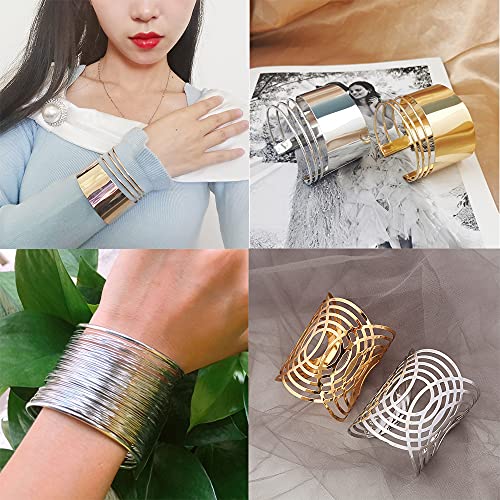 Mozaka 6Pcs Wide Cuff Bangle Bracelet Set For Women Open Thin Thread Wire Smooth Grooved Armband Bracelets Adjustable Wrist Jewelry Set(Gold) #TOP6