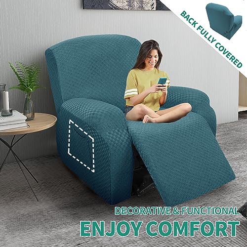 Image of YEMYHOM 4 Pieces Stretch Recliner Slipcover Jacquard Recliner Chair Cover with Side Pocket Anti-Slip Fitted Recliner Cover Couch Furniture Protector with Elastic Bottom (Recliner, Peacock Blue)