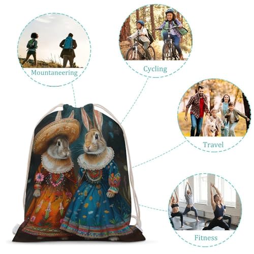 Vintage Two Rabbits Drawstring Backpack Canvas String Bag Lightweight Sports Gym Bag for Men Women3