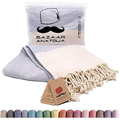 Bazaar Anatolia Herringbone Turkish Towel 100% Cotton Peshtemal Bath Towel 77x38 Thin Lightweight Travel Camping Bath Sauna Beach Gym Pool Blanket Fouta Quick Dry Towels (Blue) Cover