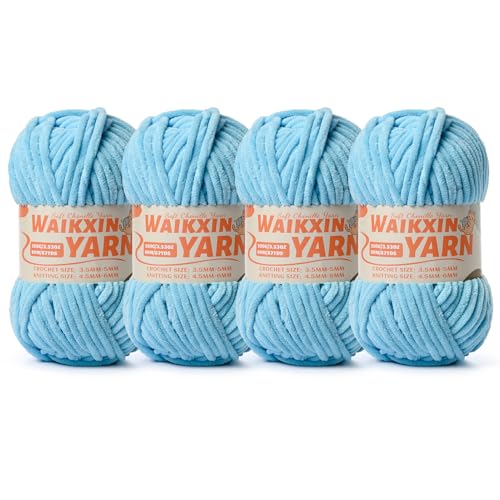 Image of (4 Azure) 4 Pack Super Soft Fuzzy Chenille Chunky Yarn for Crocheting, 400g (350yds) Velvet Fluffy Amigurumi Yarn for Hand Knitting Baby Blankets Weaving Craft