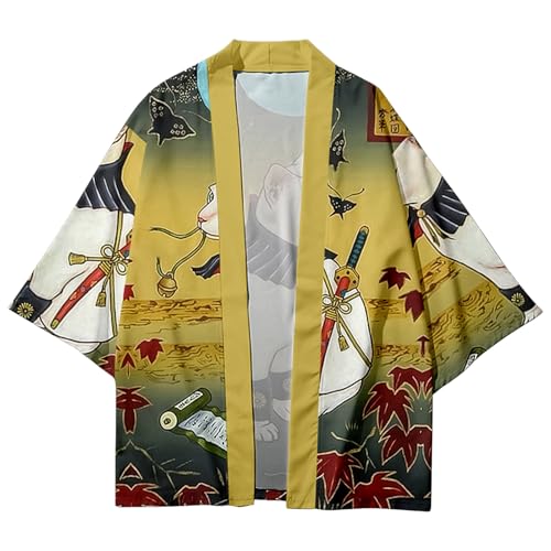 Image of DOSLAVIDA Men's Japanese Kimono Jacket Set Stylish Open Front Coat With Shorts Chinese Style Printed Cardigan Suit
