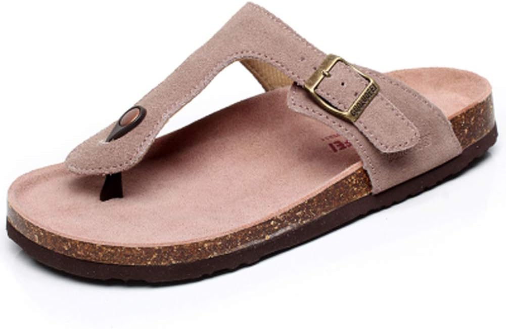 AsifnWomen's Sandal Cork Sandals Slide Flat Strap Buckle Girl Leather Footbed Adjustable Casual Double Toe Shoes Summer Open Platform Suede Slides
