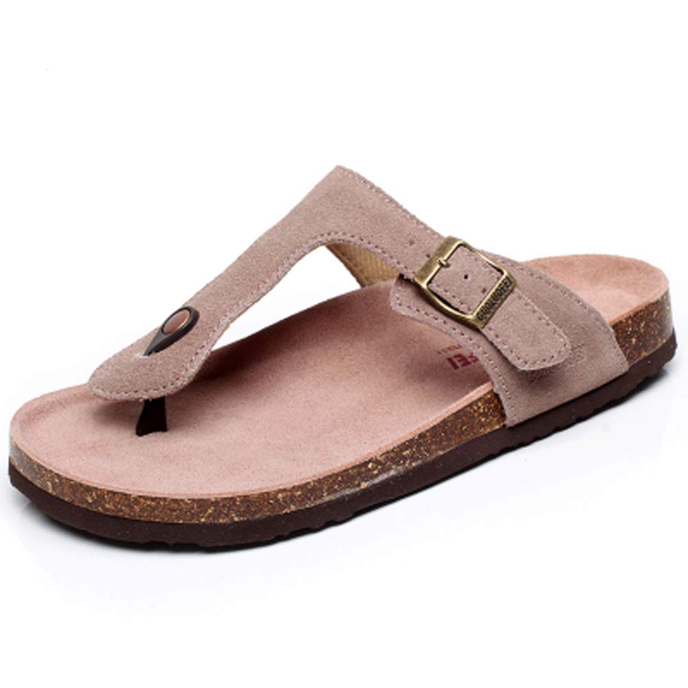 AsifnWomen's Sandal Cork Sandals Slide Flat Strap Buckle Girl Leather Footbed Adjustable Casual Double Toe Shoes Summer Open Platform Suede Slides