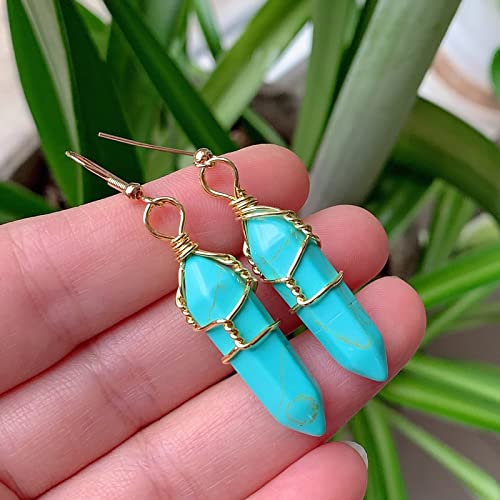 天然水晶イヤリング ワイヤー ラップ六角形ポイント弾丸ドロップ振り子アメジストクォーツ紫水晶イヤリング石,グリーンターコイズ