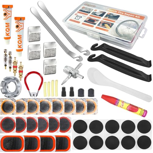 Ghguole Fahrrad ReifenFlickzeug Reparaturset,57 Stück Fahrrad Flickset,Fahrrad Schlauch Patch Kit mit 30 Flicken,Tragbarer Aufbewahrungsbox für Radfahrer/Moto/BMX/Geländefahrzeuge/Aufblasbaren Gummi
