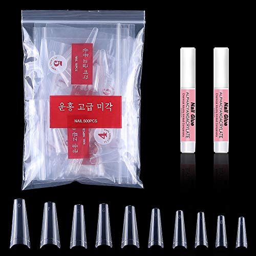 AORAEM Nails Acrylic Kit 500Pcs Clear Half Cover Glue on Nails Lady French Nail Tips 2 Pcs False Nails Glue with Bag (C-500-NZ)