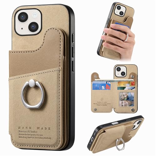 iPhone 14 / iPhone 13 ケース 手帳型 リング付き アイフォン 13 / 14 スマホケース iphone 14 手帳型ケース 耐衝撃 背面 カード収納 あいふおん14ケース いphone14 カバー PUレザー 薄型 いphone13 スマホカバー 財布付き カメラ保護 スタンド機能 RFIDブロッキング 360°回転 スナップボタン TPU 軽量 おしゃれ ベージュ