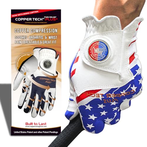 Copper Tech Plus Men's Golf Gloves Left Hand - USA Flag Golf Glove with Ball Marker - Perfect for Summer Golfing - 100% AAA Synthetic Tacky Leather Only (Hand Orientation: Left, X-Large)