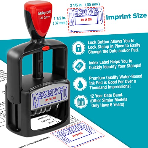 Maxmark Heavy Duty Style 5 Date Stamp With Received Self Inking Stamp - 2 Color Blue/Red Ink #TOP4