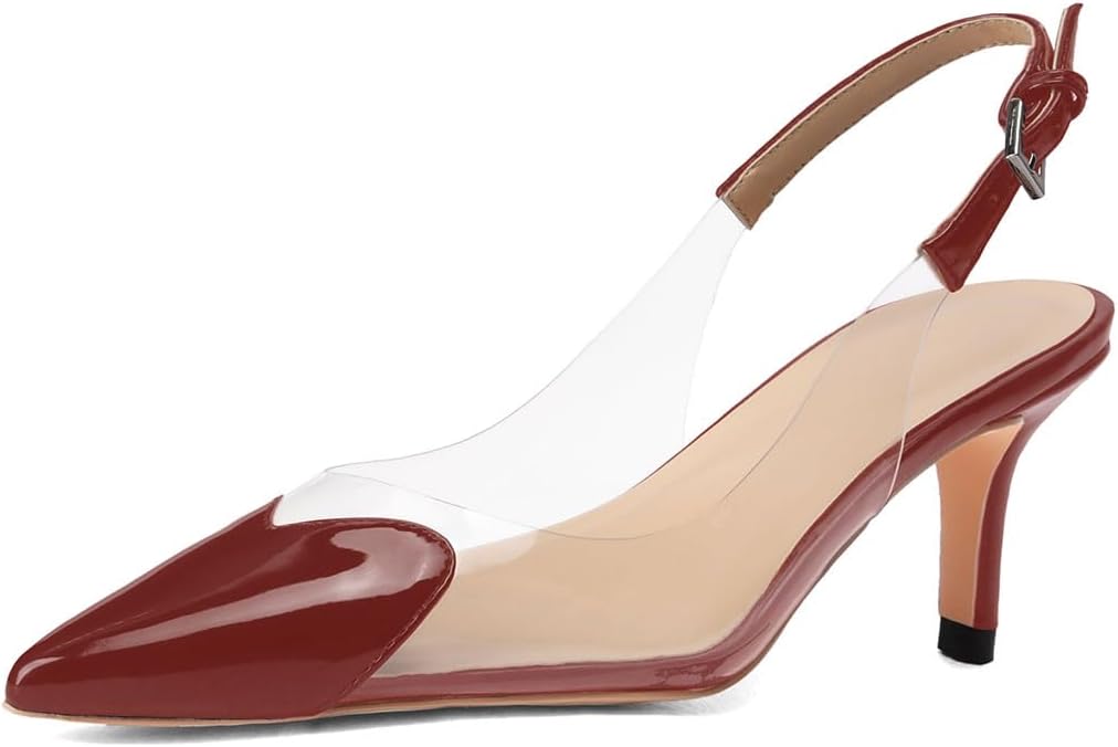 Women's Fashion Pointed Toe Heart Pumps Elegant 6 CM/2.4 Inch Heel Splicing Slingback Kitten Heels Transparent PVC Cute Clear Pumps Closed Toe Wedding Party Dress Shoes