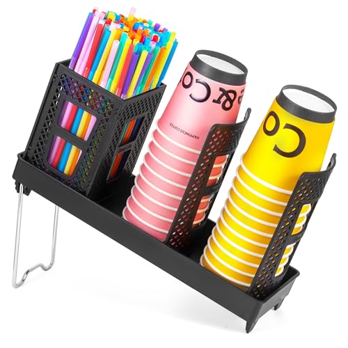 BEABOO Cup and Lid Holder Disposable Paper Cup Dispenser with Coffee Pod Straw Storage Basket Countertop Coffee Cup Holder for Coffee Stations Bars Break Rooms Living Rooms Parties (Black)