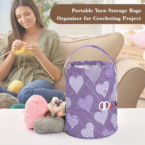 Image of Tatenale Crochet Bag Yarn Bag Knitting Project Bag with Pockets and Handle Portable Yarn Storage Organizer Tangle Free 8.3x11 Inch Lavender Romantic Hearts Valentines Gifts