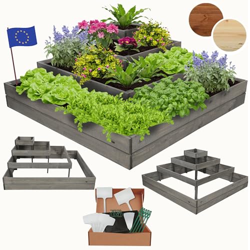 MODO24 Hochbeet, Kräuterbeet, Gartenbeet, Pflanzbeet, Blumenbeet, Stufenbeet, Holz Stufen Treppe, für Garten und Terrasse, Kiefernholz, Massivholz, Abmessungen 45x119x119 cm, Farbe: Grau