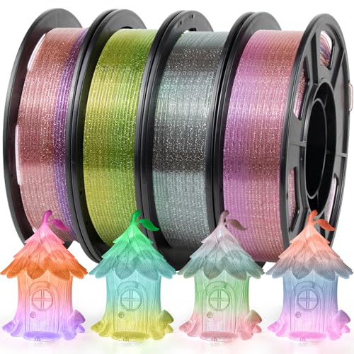 Image of iSANMATE High Speed PETG Clear Glitter Filament 1.75 mm, 4 Colours PETG Transparent Gradient Filament, Dimensional Accuracy + /- 0.02 mm, 250 g /Spool x 4, Transparent Rainbow Filament for 3D Printers