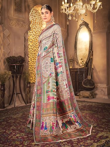 Image of Glory Sarees Women's Luxurious Dola Pure Silk Original Saree Position Print Work Madhubani Inspired Motifs Banarasi Kanjivaram Style Saree With Blouse Piece (Elegant101 Parent)