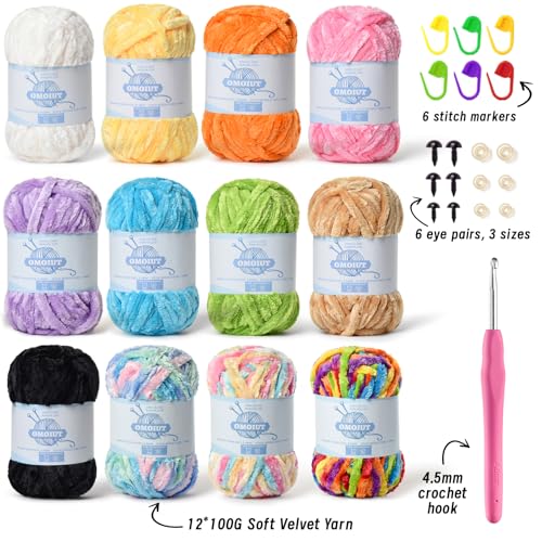 Image of 12 Pack 590 (yd) Chunky Chenille Yarn for Crocheting and Hand Knitting with Black Red White Green Yellow Rainbow Plush Velvet Yarn，Baby Blanket Yarn for Crocheting Soft Amigurumi Yarn