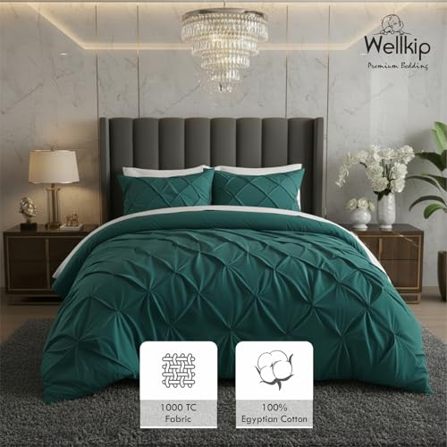 Image of Wellkip Pinch Pleated Duvet Cover Set 1000TC 100% Cotton Premium 3-Pieces 1-Duvet Cover & 2-Pillow Cover Luxury Look Home and Hotel Zipper & 8-Tie Closure (Teal, King 92 X 106 Inch)
