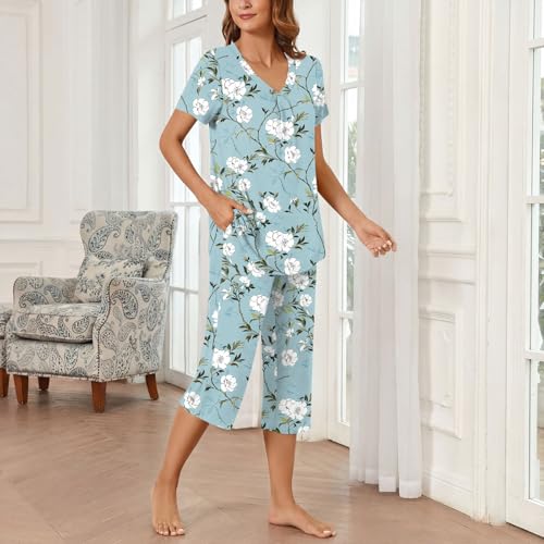 Image of Bestbee Women's Pajama Sets 2 Piece Lounge Outfits Summer Sleepwear V Neck Short Sleeve Capri Pant With Pockets Ladies Pjs