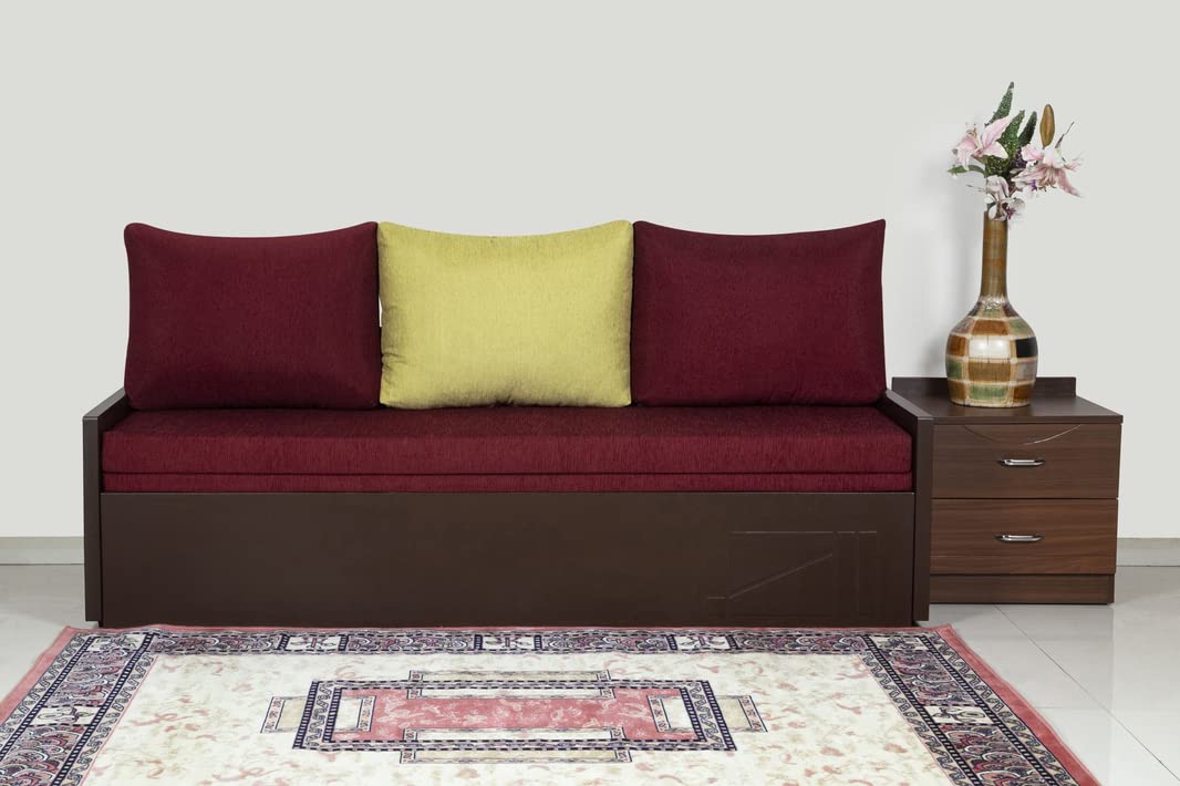 OFF THE SHELF Solid Teak Wood 3 Seater Sofa Cums Bed for Bedroom, Living Room with Storage Soft Cushion Natural Finishing Dark Chocolaty (75x28x25)