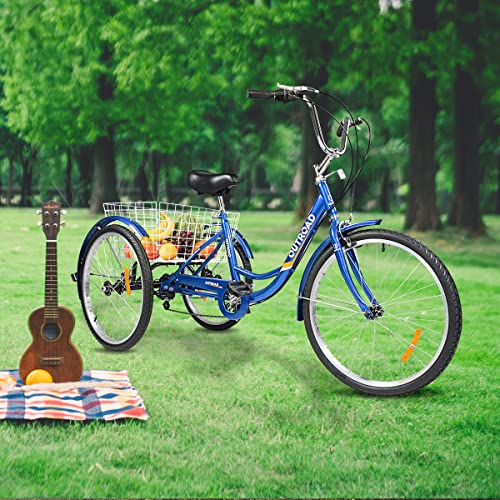 MarKnig Adult Tricycles 24/26 inch 7 Speed 3 Wheeled Bike, with Large Basket for Seniors, Women, Men for Recreation, Shopping, Exercise - Blue/Red