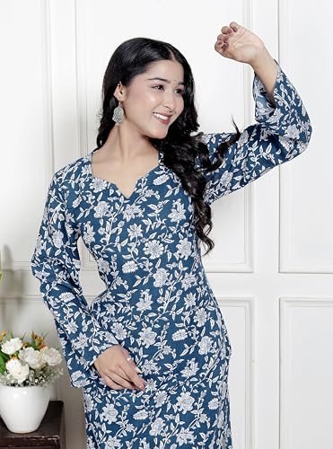 Image of NIKLAV Blue Floral Printed Cotton Kurta Set for Women Featuring Long Straight Kurti with Palazzo, Lightweight Breathable Fabric, V Neckline, Full Sleeves, and Soft Stitch Detailing
