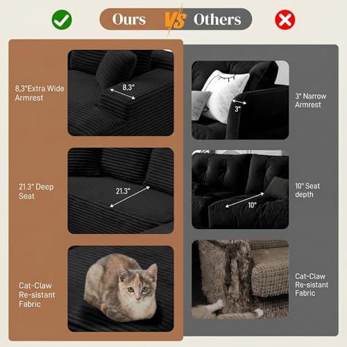Image of 96 inch L Shaped Cloud Boneless Sectional Couches for Living Room, Modern Comfy Modular Deep Seat Memory Foam Compressed Corduroy Sofa Oversized Right Facing Chaise, No Assembly Required, Balck