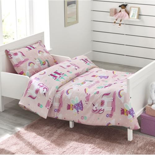 Bloomsbury Mill - Cot Bed Duvet Cover Set - Toddler Bedding Set For Girls - Unicorn Rainbow & Princess Kids Bedding - Pink Cot Duvet Cover & Pillow Case Set - 120x150cm