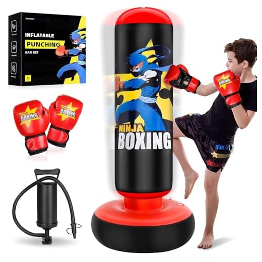Esnowlee Punching Bag for Kids Larger Stable Tall 66" Inflatable Boxing Set with Gloves & Air Pump, Inflatable Punching Bag Gifts for Boys & Girls Age 3-12,Karate/Taekwondo/Ninja Toys Gifts for Boys