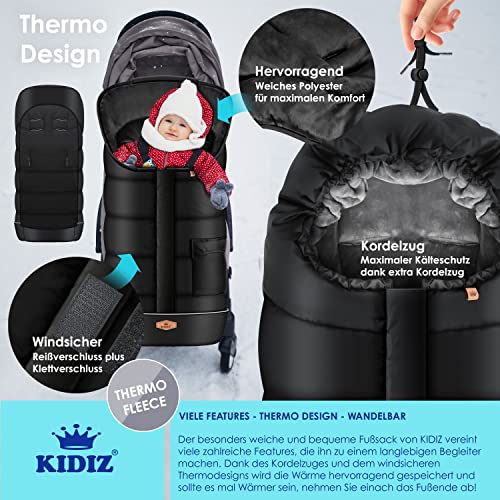 KIDIZ® Babyfußsack Baby Fußsack Winterfußsack Babyschale mit Reißverschluss Kuschelsack Babydecke waschbar Tasche passend für alle Kinderwagen Bett Wärmedecke aus Thermo-Fleece Schwarz