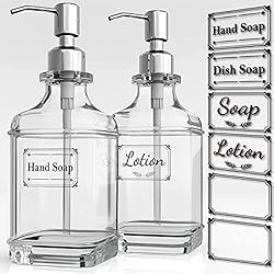 Dispensador De Lavado De Manos Beowanzk Paquete de 2 dispensadores de jabón de vidrio con bomba de acero inoxidable champú y acondicionador botellas de baño lavado dispensador de desinfectante líquido dispensador de lavado de manos