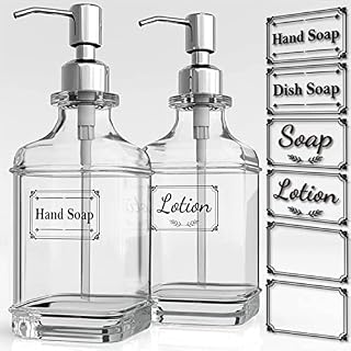Beowanzk 2 Pack 10oz Glass Soap Dispenser With Stainless Steel Pump ,Shampoo And Conditioner Bottles Bathroom Washing Up Liquid Sanitizer Dispenser Kitchen Hand Wash Dispenser Refillable (300ML)