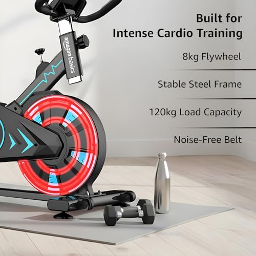Image of Amazon Basics Spin Exercise Bike for Home & Gym | 120KG Load Capacity | Adjustable Resistance, Silent Belt Drive, Comfortable Seat Cushion | Alloy Steel | for Cardio, Cross-Training | Black