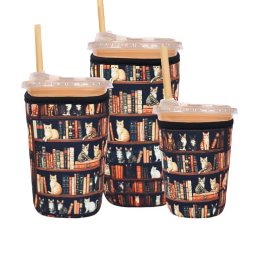 Image of Reusable Insulated Neoprene Iced Coffee Cup Sleeve, Durable Drink Sleeve for Cold Beverages, Beverage Holder for Iced Coffee (Cat Library)