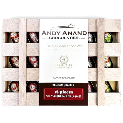 Andy Anand Chocolatier European Flavor-Inspired Dark Chocolate Bottles – Smooth Filled Dark Chocolate Assortment, Gluten Free Gourmet Chocolates in Elegant Wooden Gift Box (18 Pieces)
