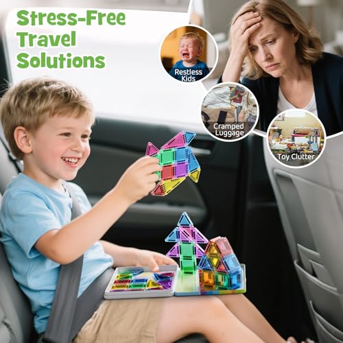 Image of Magnetic Tiles Travel Set Toddlers: 42PCS Mini Building Blocks for Planes | Iron Case Flips to Play Base, 1:1 STEM Visual Guide Teaches Cleanup, Candy Colors Quiet Car Ride Activities for Kids Ages 3-5