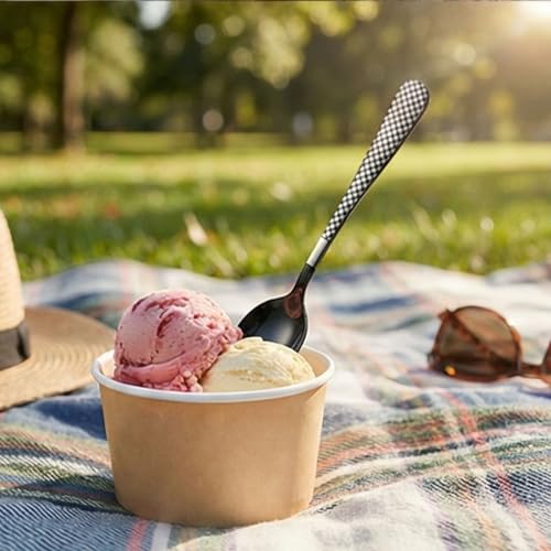 Image of 6.7 inch Charcoal Black Dessert Spoons Set of 5 with Checks Printed Handle ? Durable Stainless Steel Teaspoons, Mirror Polished Silverware Spoons, Perfect for Home, Restaurant, and Gifting